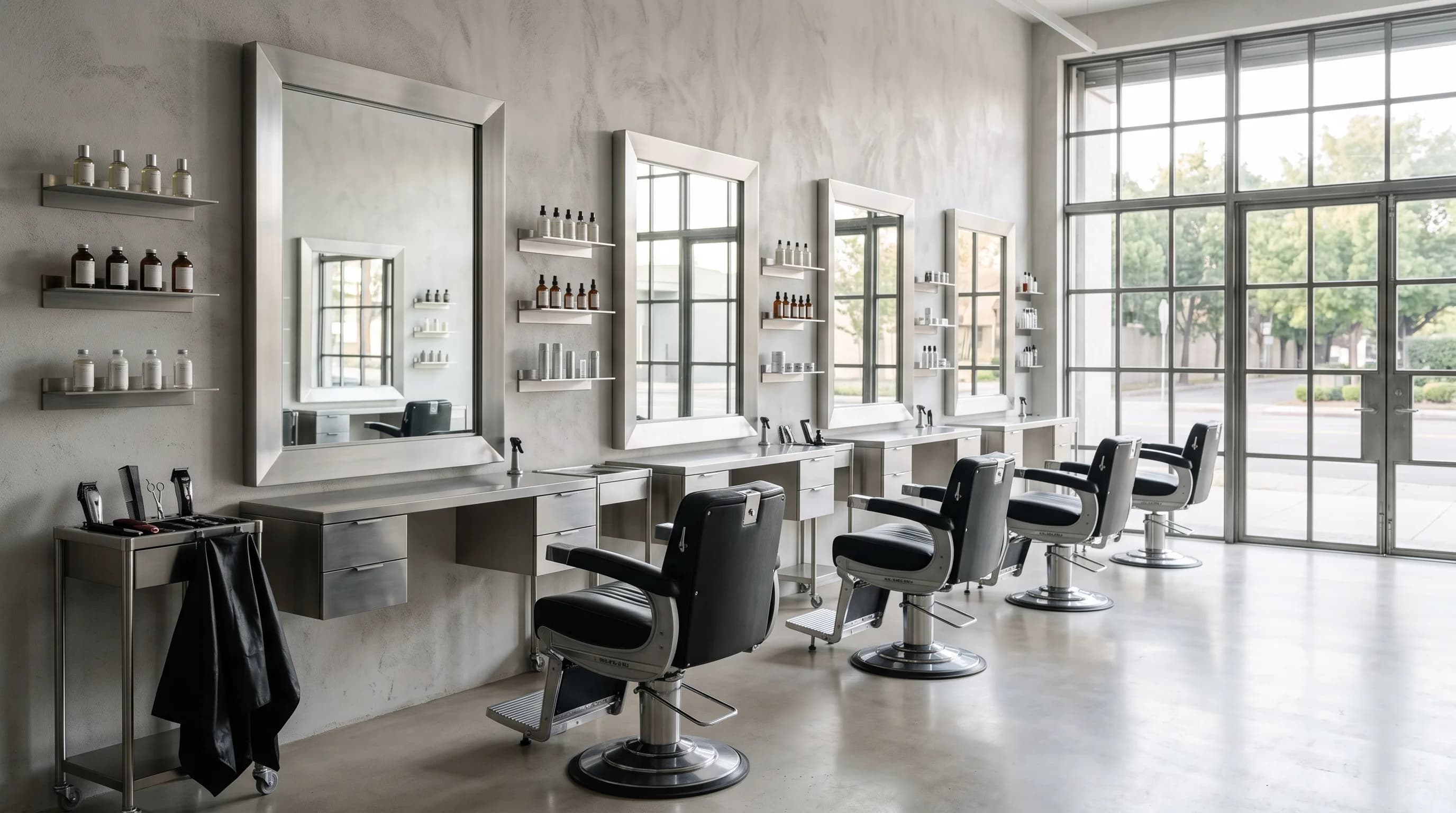 Der Salon in Basel: Spiegel in Aluminiumrahmen, schwarze Lederstühle, helles Tageslicht